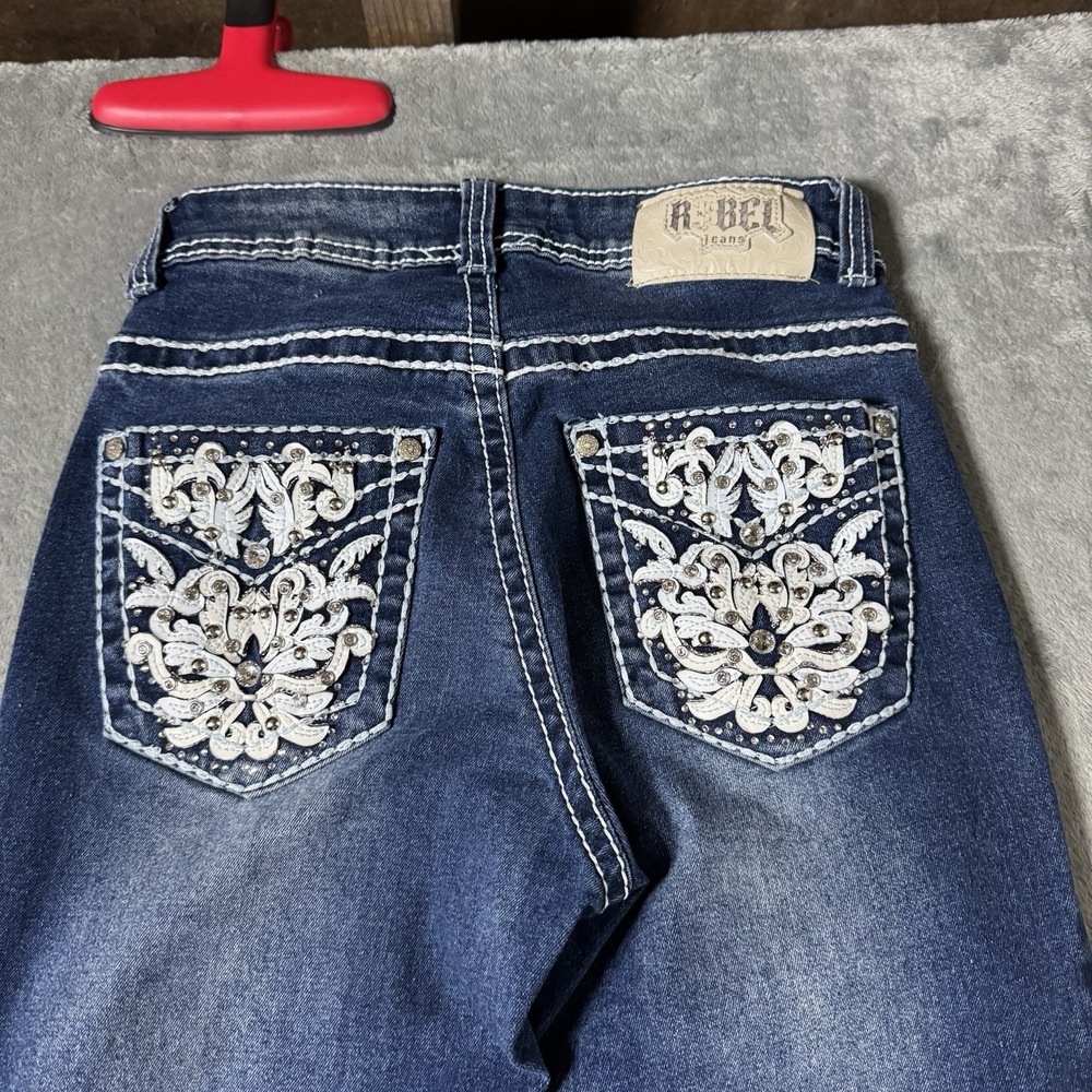 VTG Y2K Rebel Jeans Womens Embroidered Rhinstone Flare Jeans Size 24